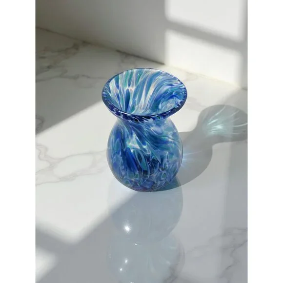 Vintage Hand Blown Blue,Teal Swirl Pattern Heavy Pedestal Bottom Vase - Picture 2 of 12